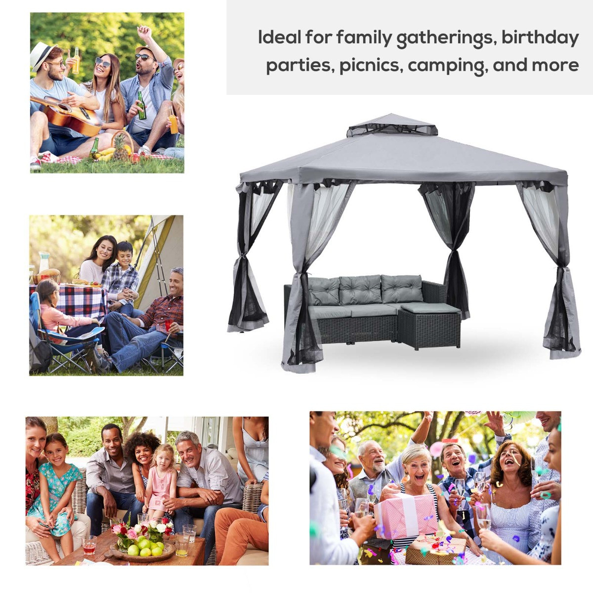 Outsunny 2 Tier Metal Gazebo, Grey - 3 x3 m>