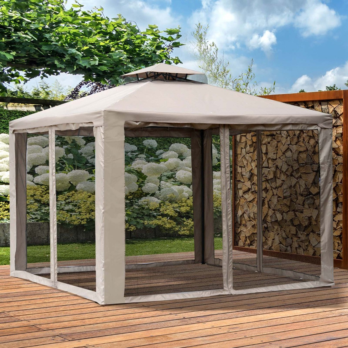 Outsunny 2 Tier Metal Gazebo, Taupe - 3 x 3 m>