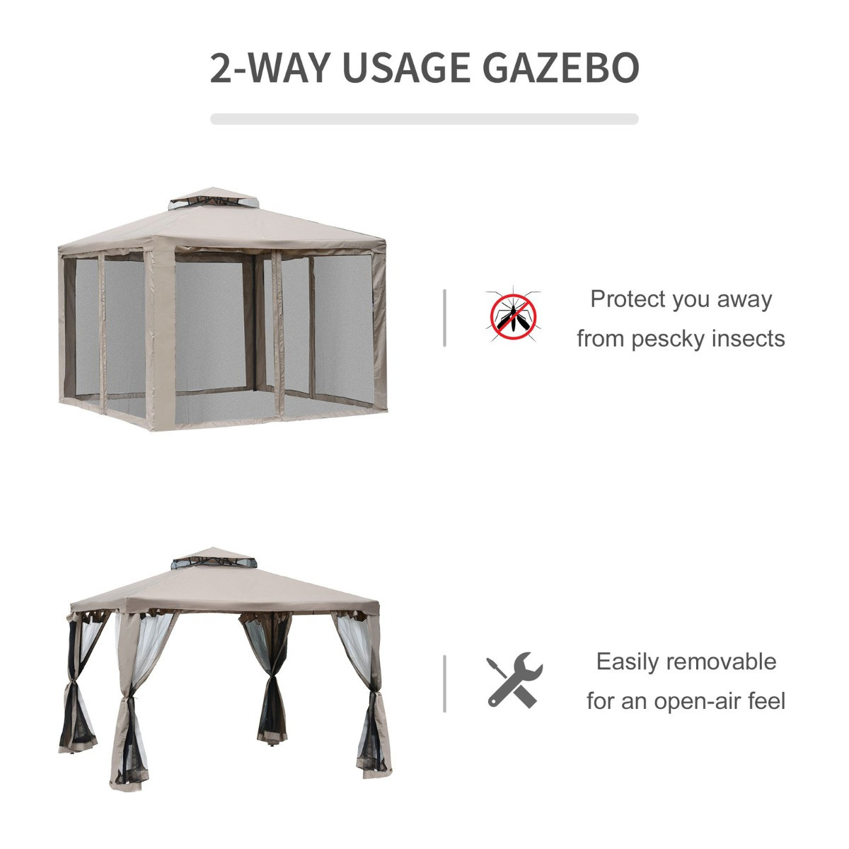 Outsunny 2 Tier Metal Gazebo, Taupe - 3 x 3 m>