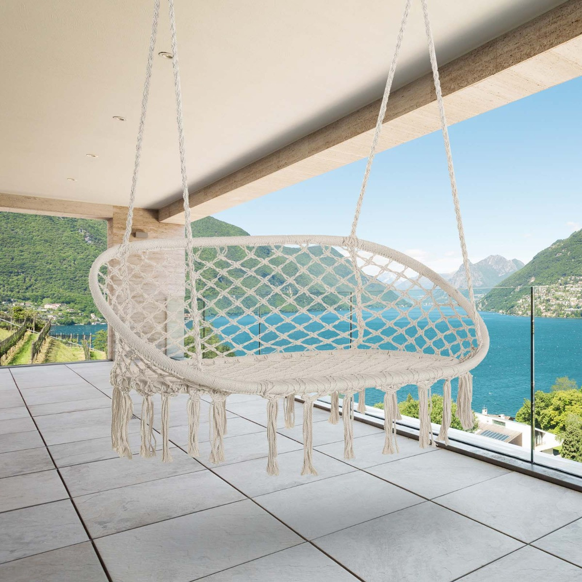 Outsunny 2 Seater Hanging Macrame Hammock Chair - Cream>