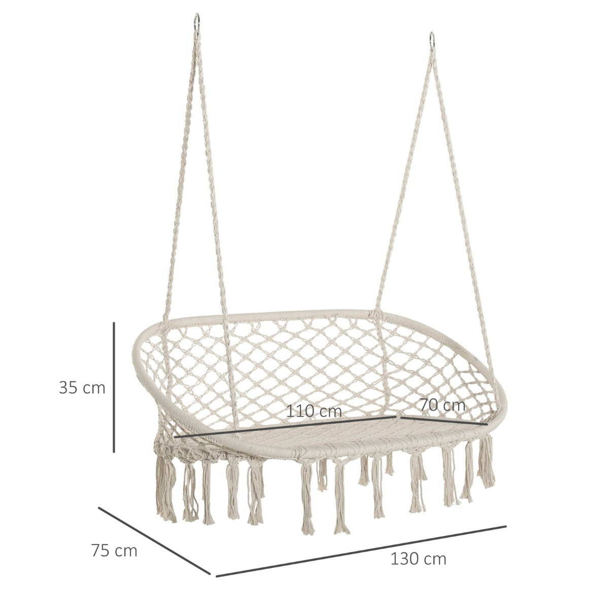 Outsunny 2 Seater Hanging Macrame Hammock Chair - Cream>
