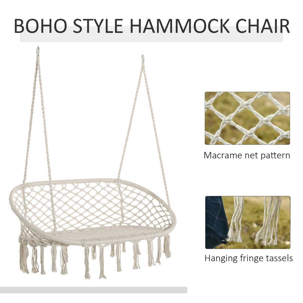 Outsunny 2 Seater Hanging Macrame Hammock Chair - Cream>