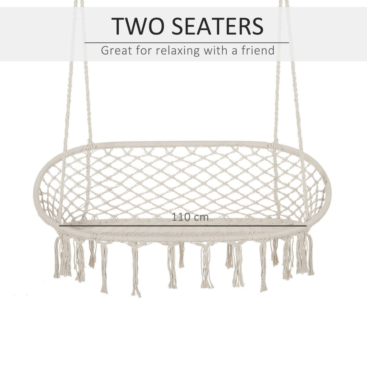Outsunny 2 Seater Hanging Macrame Hammock Chair - Cream>