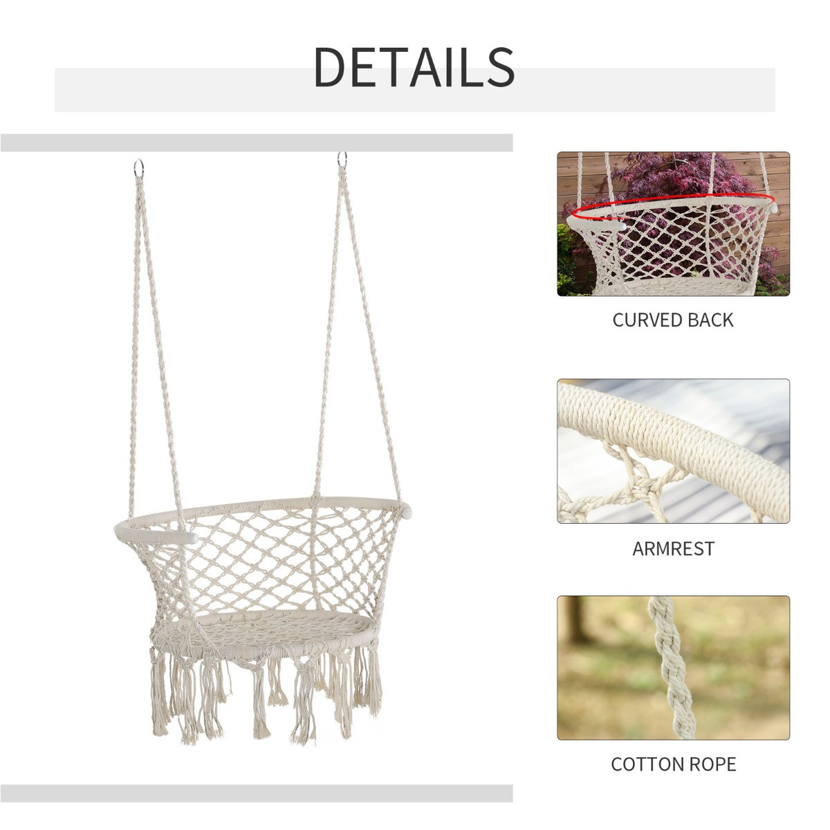 Outsunny Hanging Hammock Macrame Chair - Cream>