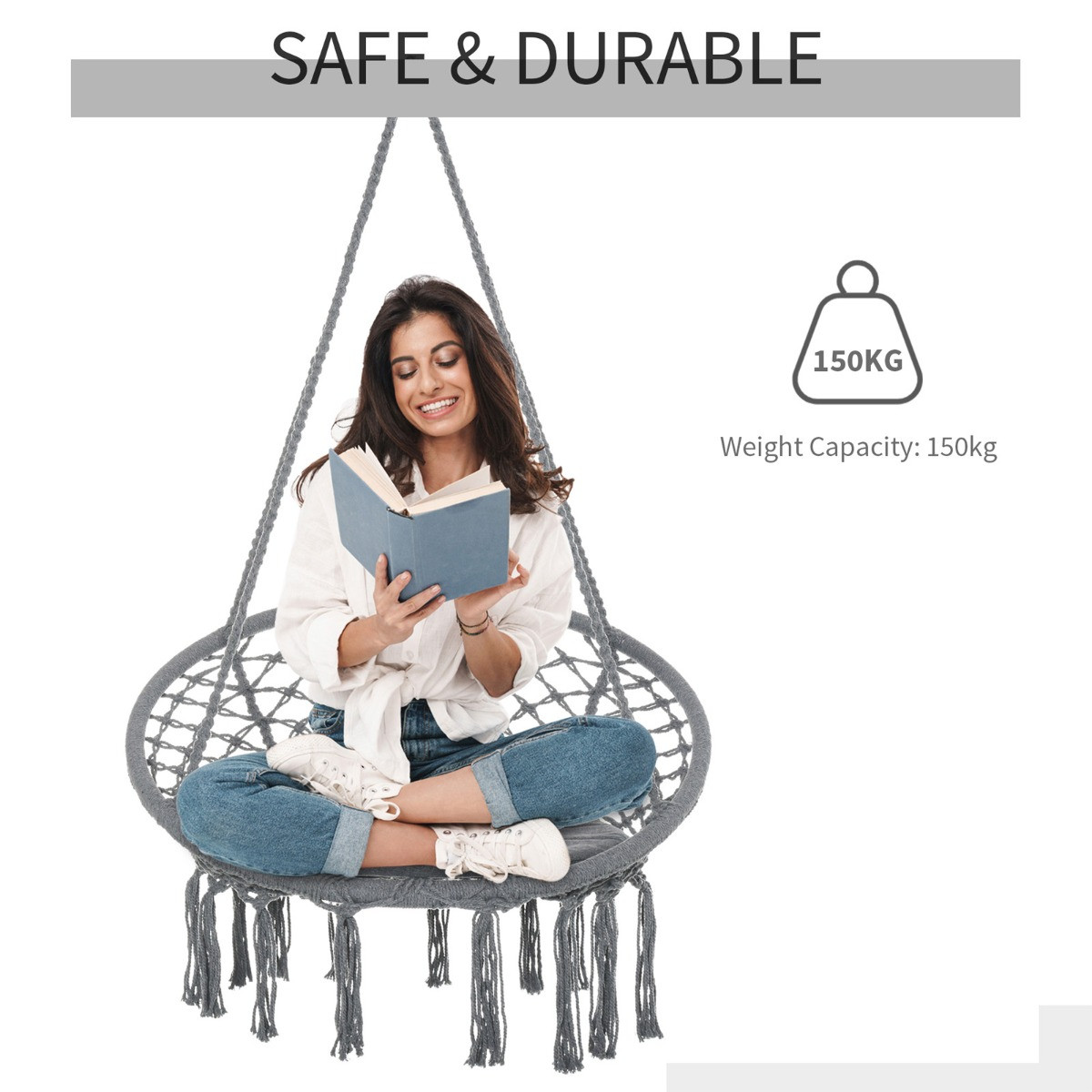 Outsunny Hanging Hammock Macrame Chair - Grey>