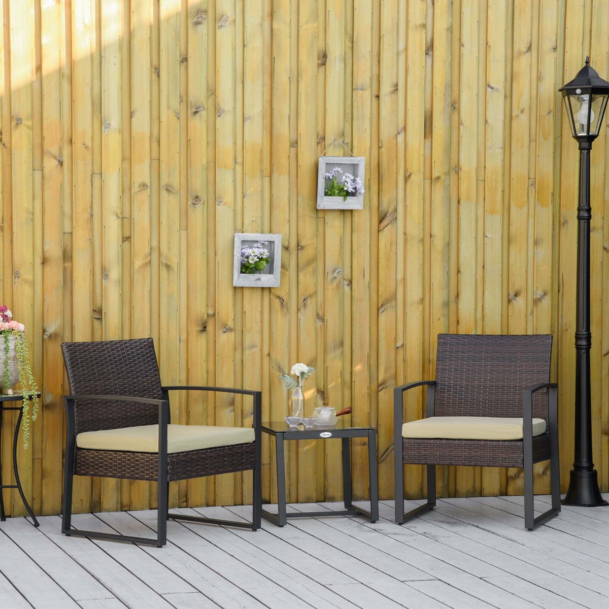 Outsunny Rattan Wicker Bistro Set, Brown/Beige - 3 Piece>
