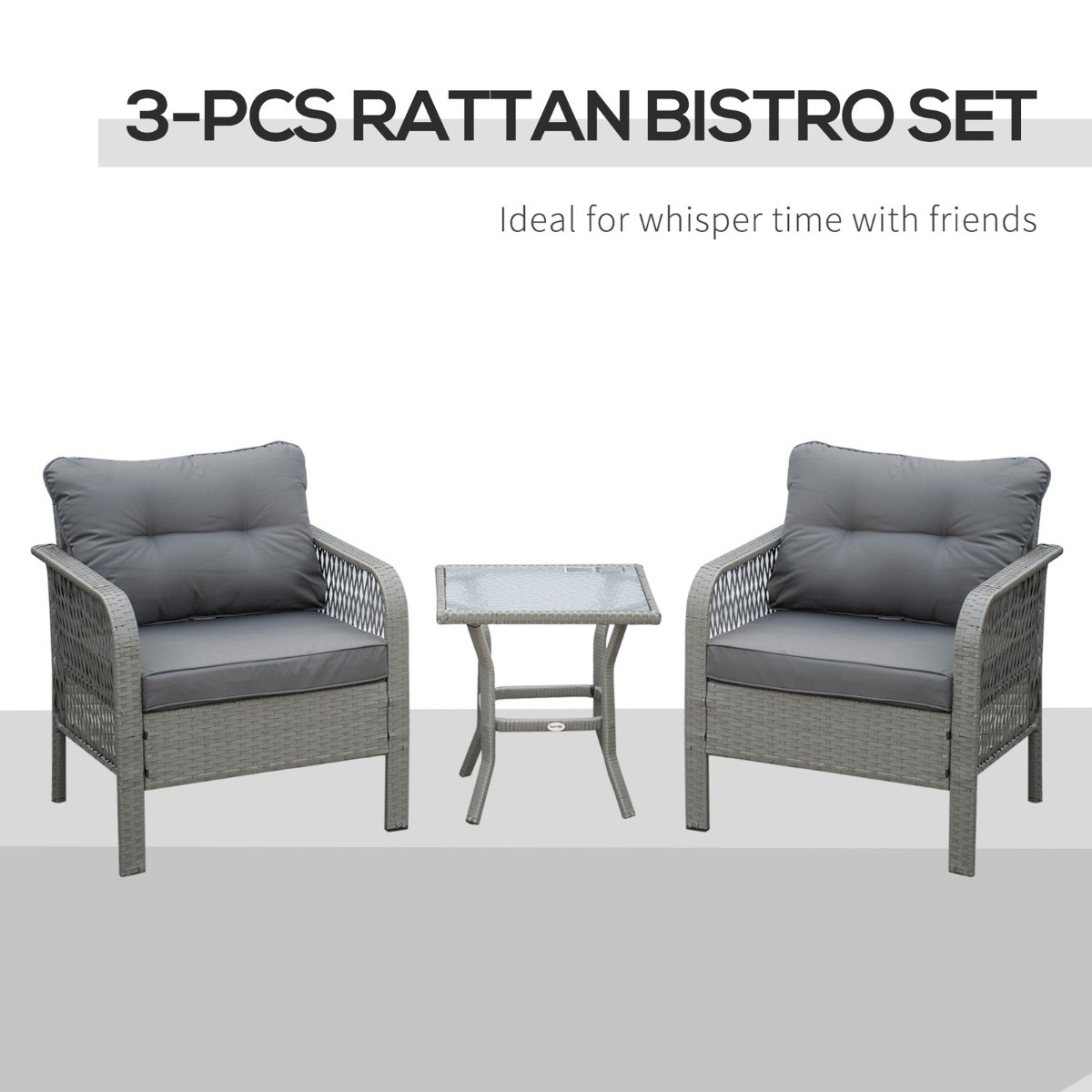 Outsunny Rattan Wicker Bistro Set, Grey 3 Piece