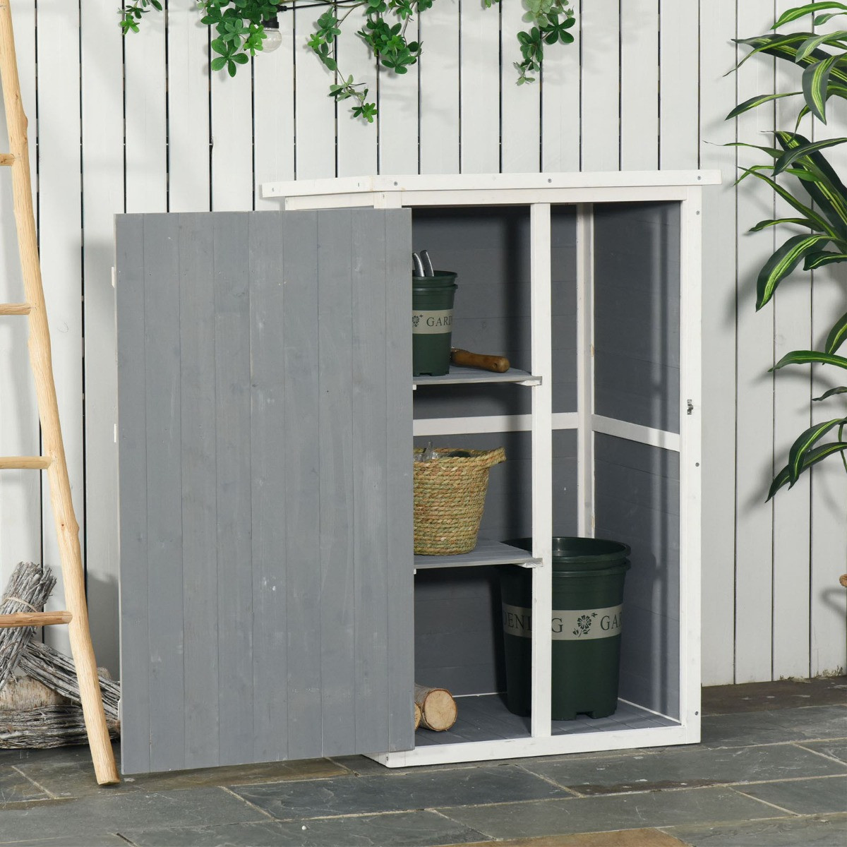 Outsunny Wooden Garden Storage Shed Cabinet, Grey - 2.4 x 1.8 ft>