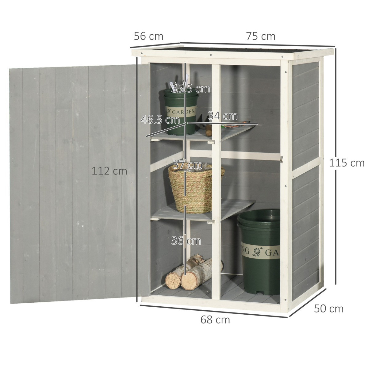 Outsunny Wooden Garden Storage Shed Cabinet, Grey - 2.4 x 1.8 ft>