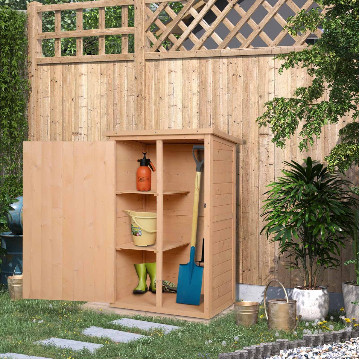 Outsunny Wooden Garden Storage Shed Cabinet, Natual - 2.4 x 1.8 ft>