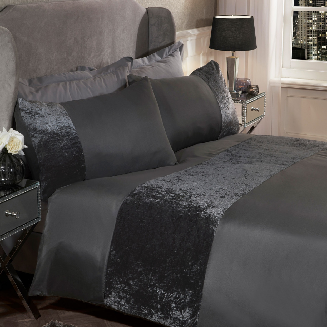 OHS Crushed Velvet Band Duvet Set, Charcoal Grey - Double>