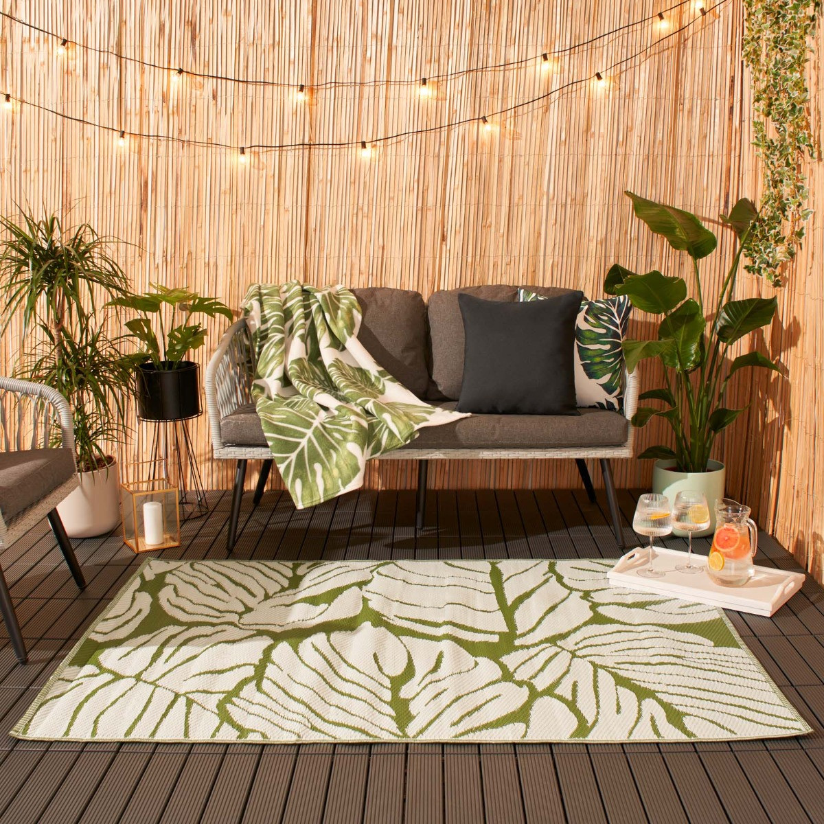 OHS Tropical Print Reversible Outdoor Rug, Green/White 160 x 230cm