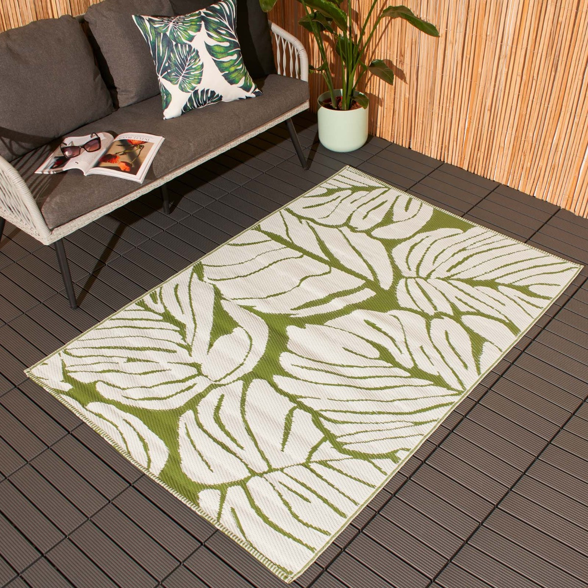 OHS Tropical Print Reversible Outdoor Rug, Green/White - 120 x 170cm>