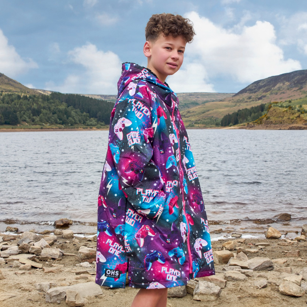OHS Kids Water Resistant Gaming Print Sherpa Drying Robe, Purple - L/XL>