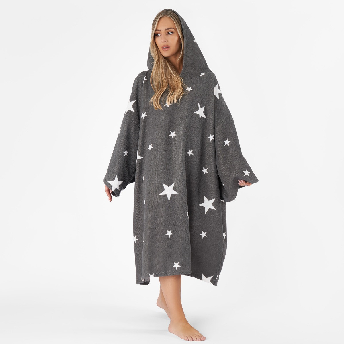 OHS Adult Towel Poncho Star Print - Charcoal Grey>