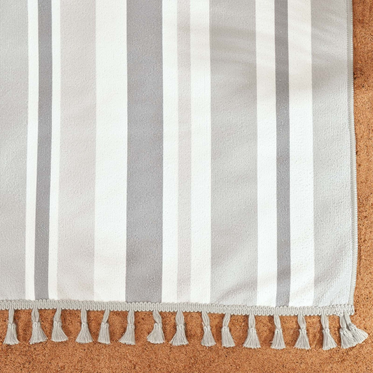 Dreamscene Tassel Striped Beach Towel - Grey>