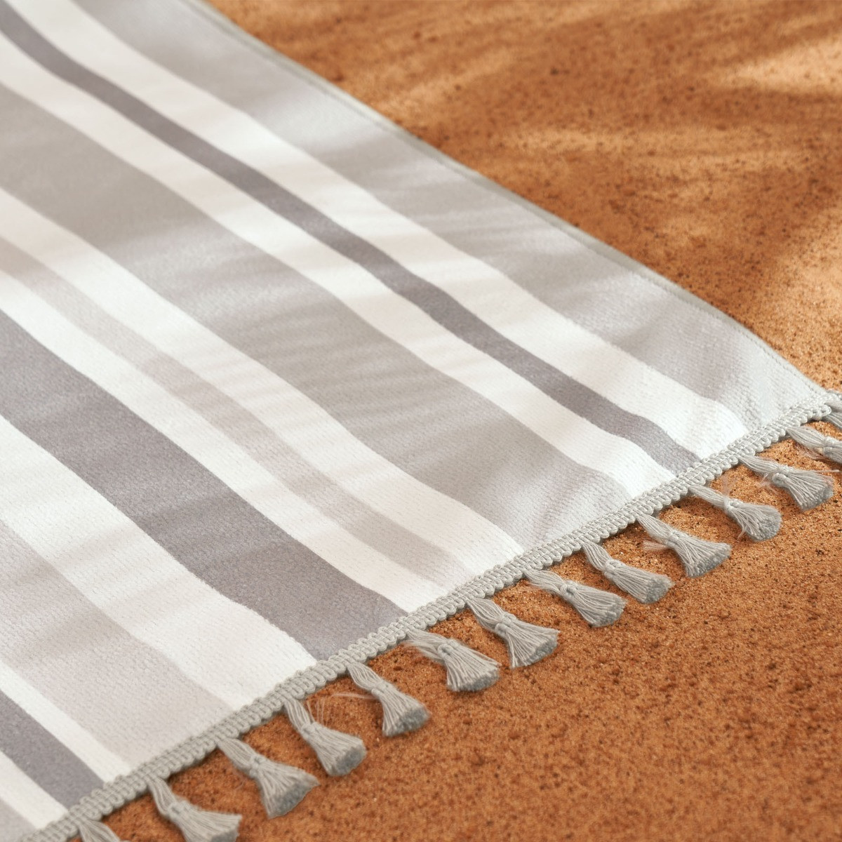 Dreamscene Tassel Striped Beach Towel - Grey>