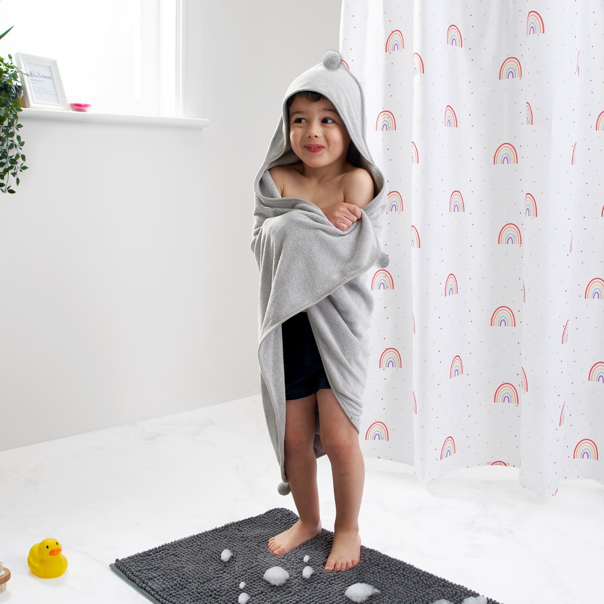 Dreamscene Kids Plain Pom Pom Hooded Towel, Grey - One Size>