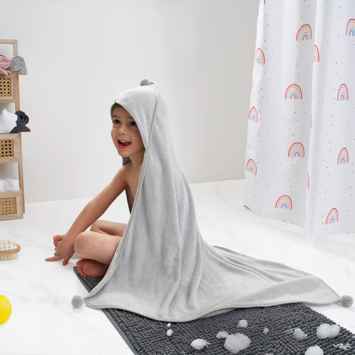 Dreamscene Kids Plain Pom Pom Hooded Towel, Grey - One Size>