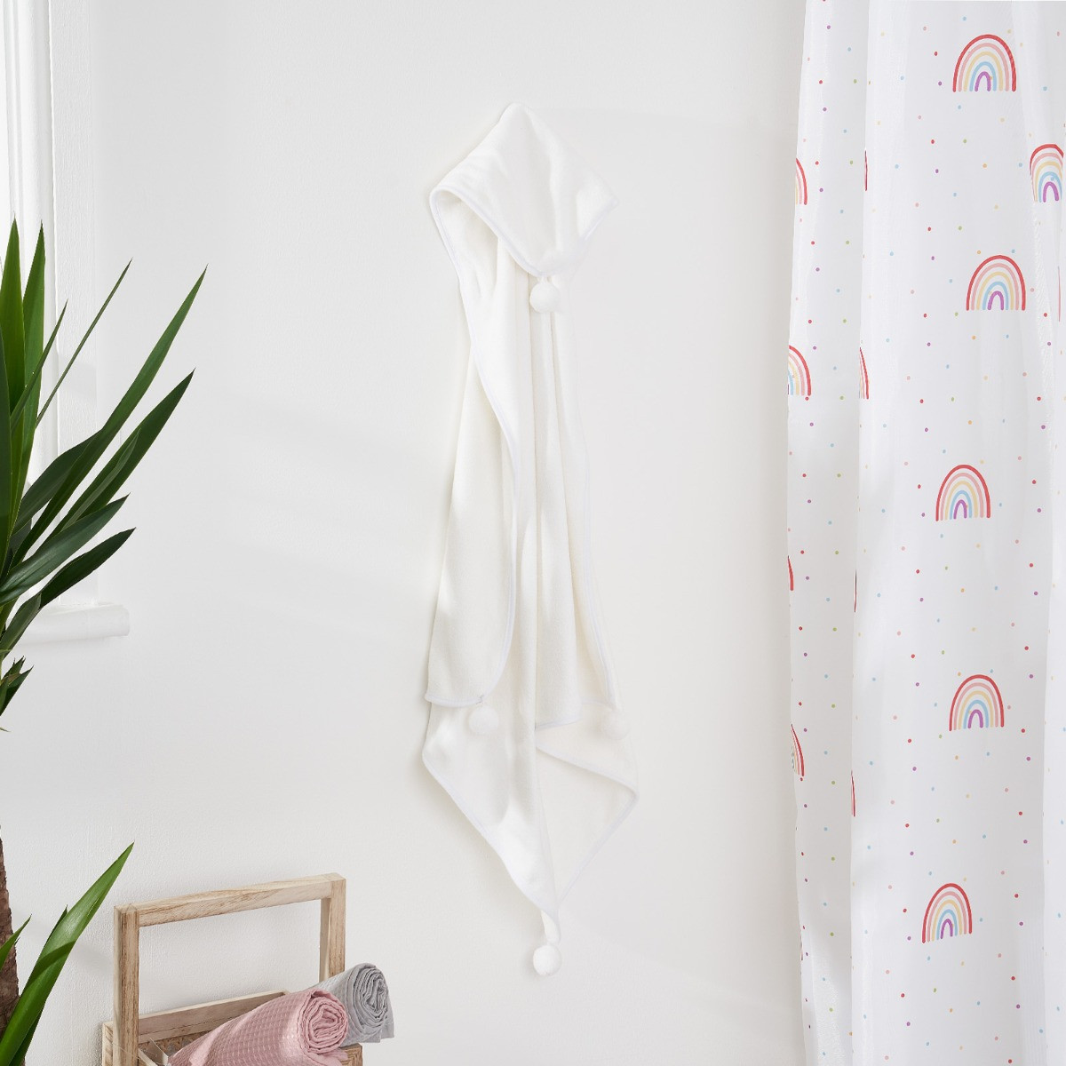 OHS Kids Plain Pom Pom Hooded Towel - White>