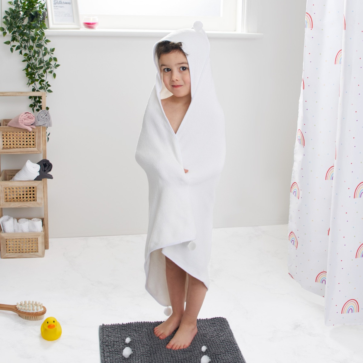 OHS Kids Plain Pom Pom Hooded Towel - White>