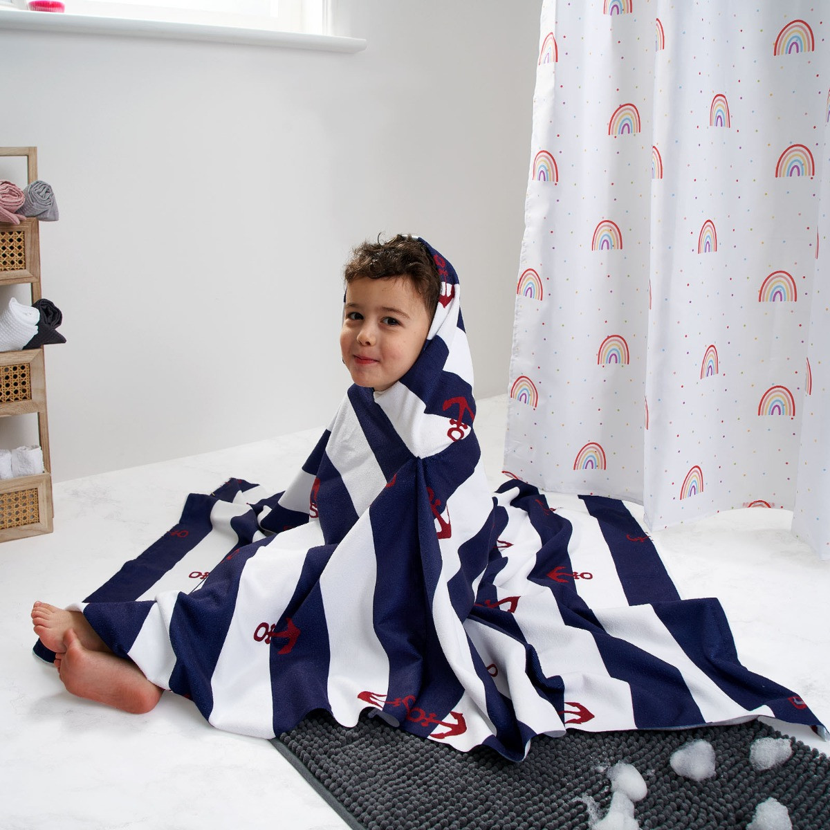 Dreamscene Kids Anchor Printed Poncho Towel, Navy, One Size>