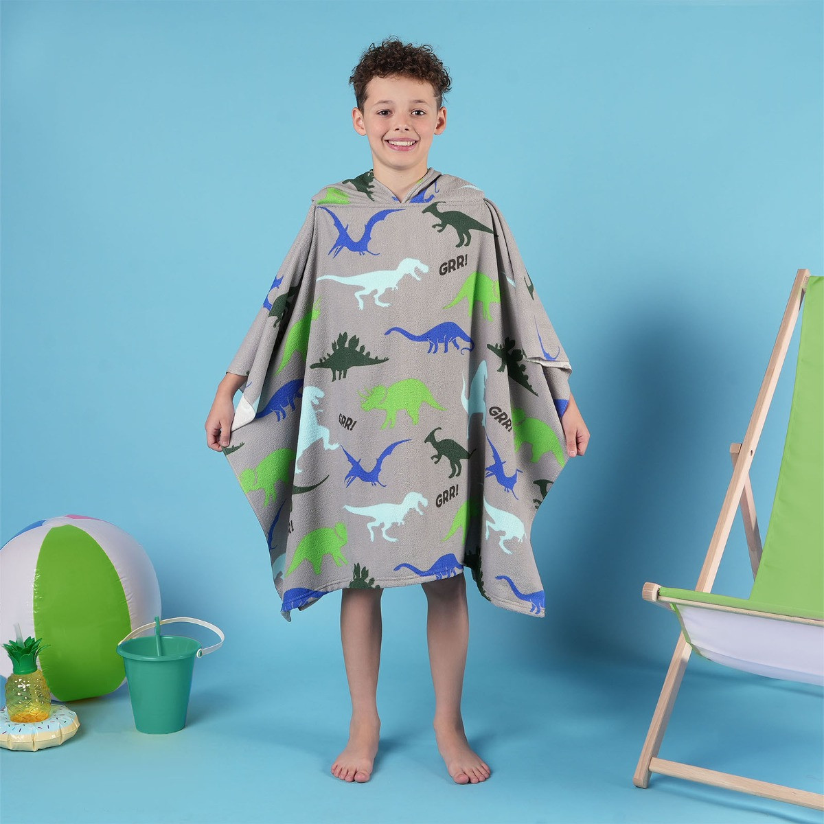 Dreamscene Kids Dinosaur Print Towel Poncho - Grey>