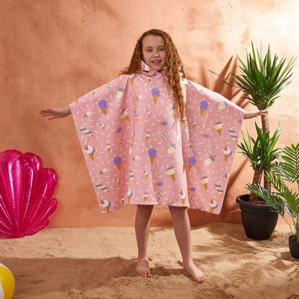 Dreamscene Kids Ice Cream Printed Poncho Towel, Blush- One Size>