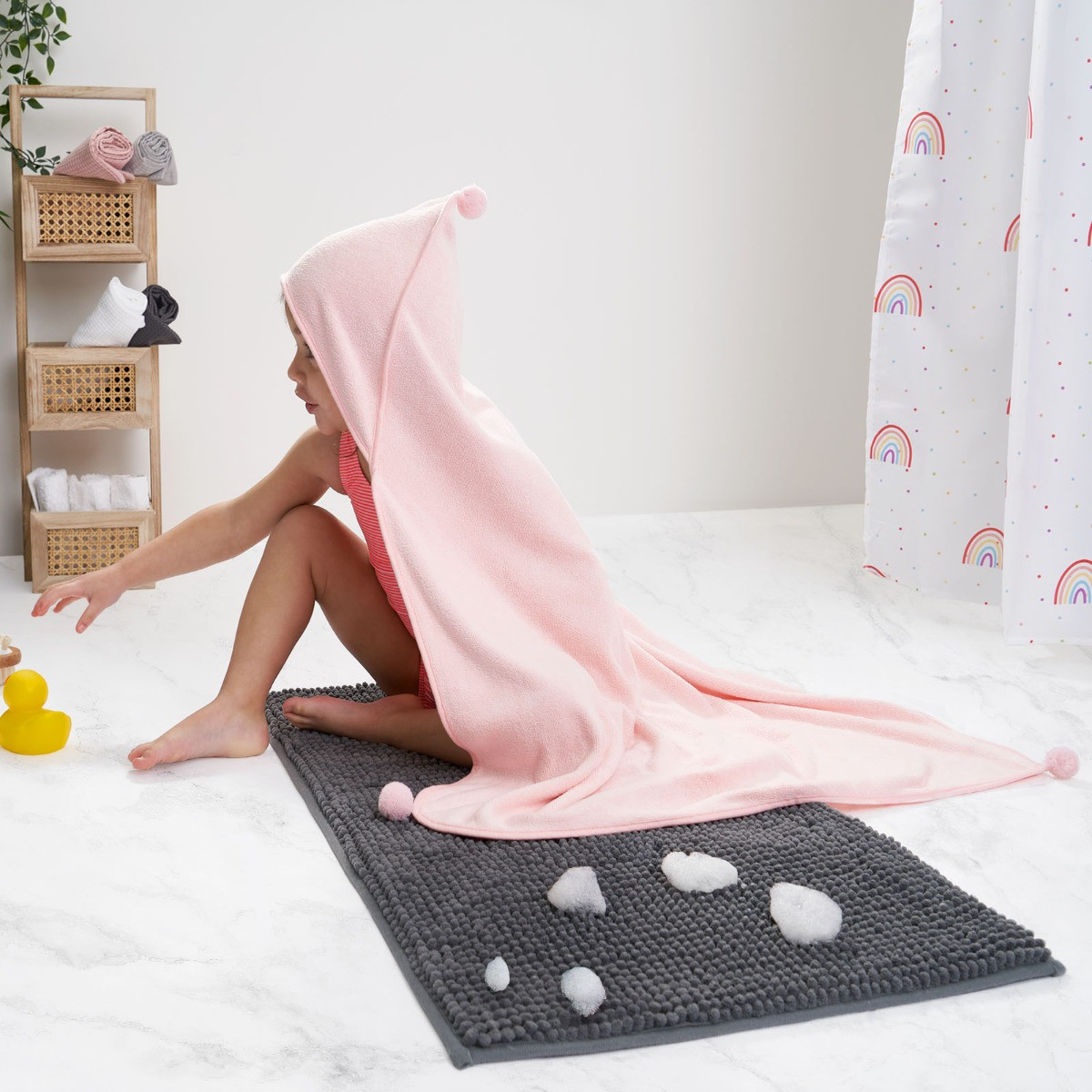 Dreamscene Kids Plain Pom Pom Hooded Towel, Blush - One Size>
