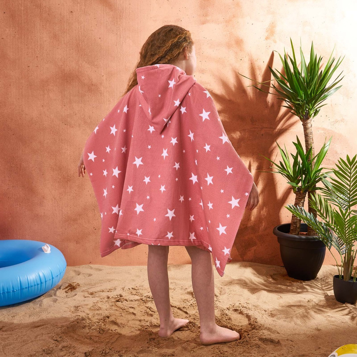 Dreamscene Star Print Hooded Towel Poncho, Blush Pink - One Size>