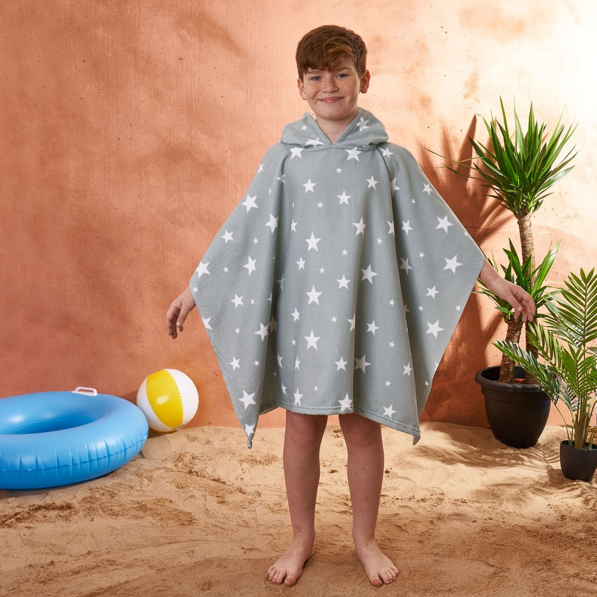 Dreamscene Star Print Hooded Towel Poncho, Grey - One Size>