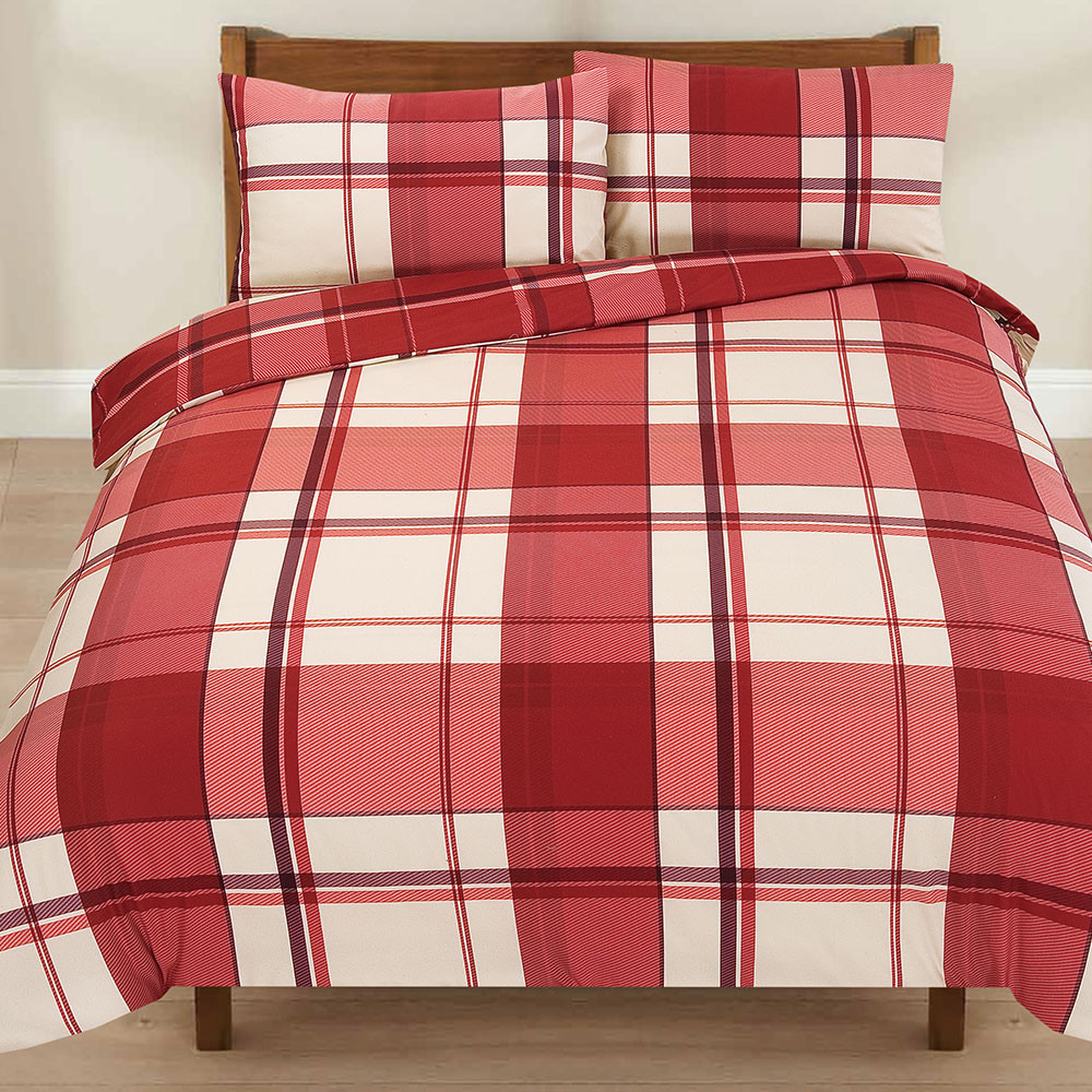 Thermal Duvet Cover With Pillow Case Red Check Tartan Brushed Fleece King Size>