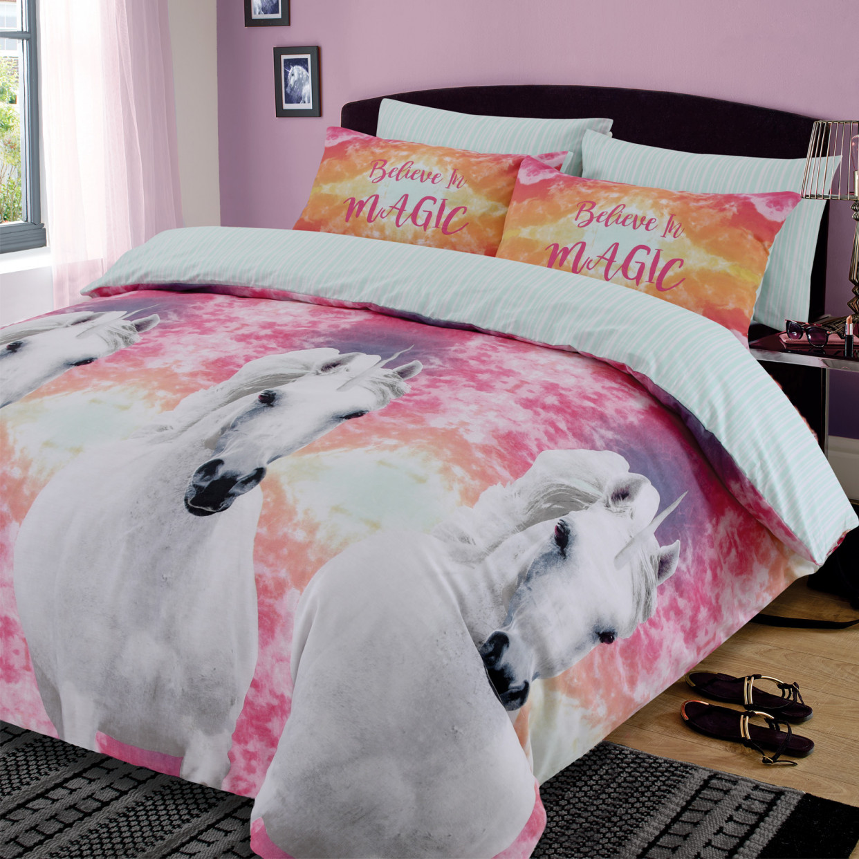 Dreamscene Unicorn Magic Duvet Cover with Pillowcase Reversible Kids Stripe Bedding Set, Pink Blue Grey - King>