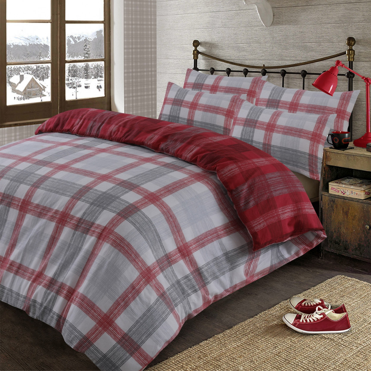 Dreamscene Boston Brushed Cotton Check Tartan Duvet Cover Bedding Set - Red - Double>