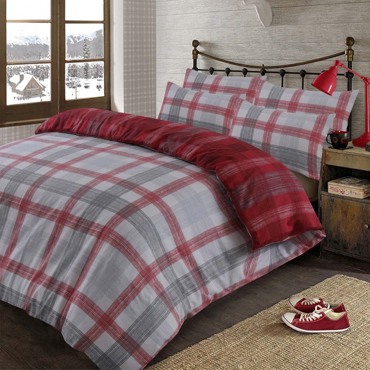 OHS Boston Brushed Cotton Check Tartan Duvet Cover Bedding Set - Red - Single>