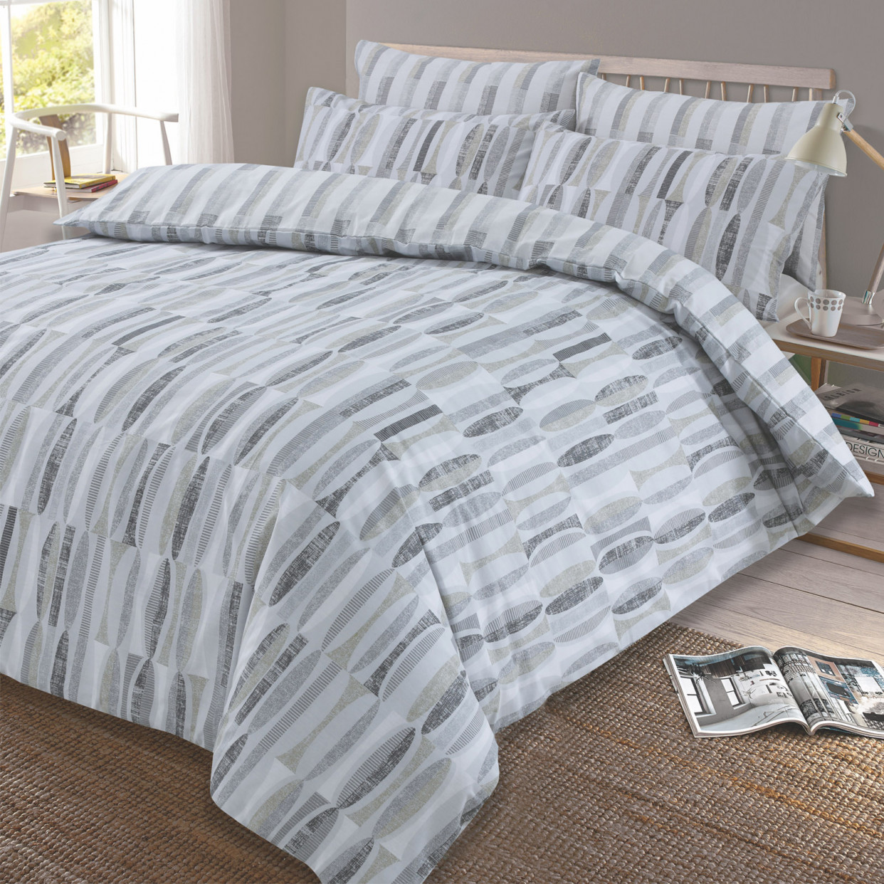 Dreamscene Ellipse Duvet Cover with Pillow Case Reversible Geometric Bedding Set, Charcoal Grey Silver - Single>