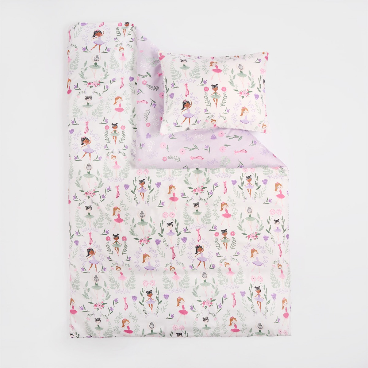 OHS Kids Ballerina Print Reversible Duvet Cover Set - Lilac/White>