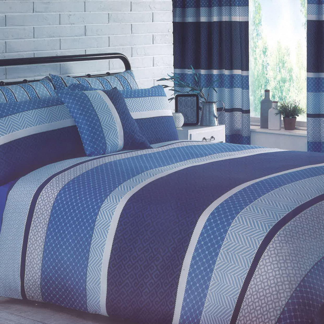 Elements Bumper Duvet Cover Set With Matching Curtains Denim Blue - Double >