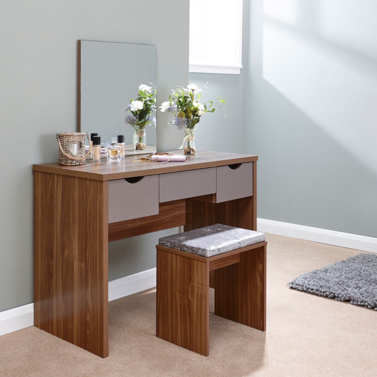 Elizabeth Dressing Table Set  - Walnut/Grey>