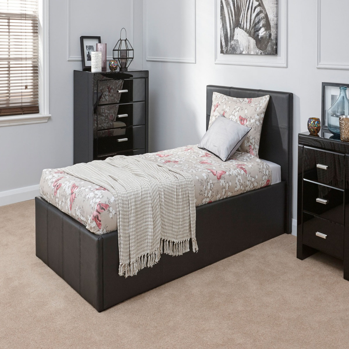 Faux Leather End Lift Ottoman Storage Bed, 3ft Single - Black>