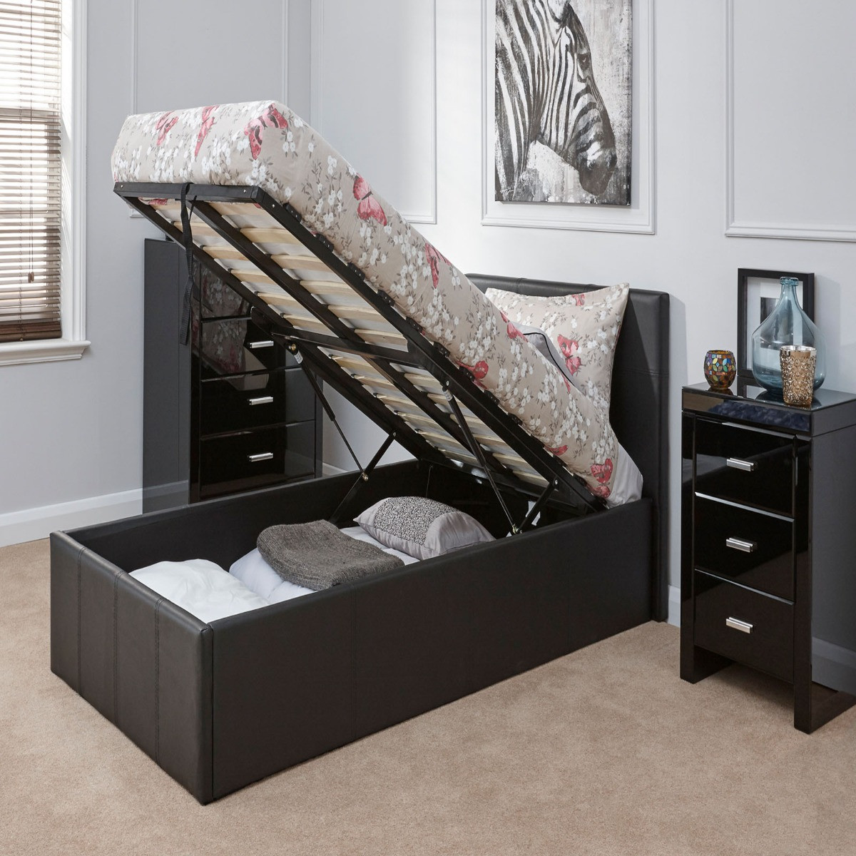 Faux Leather End Lift Ottoman Storage Bed - Black>