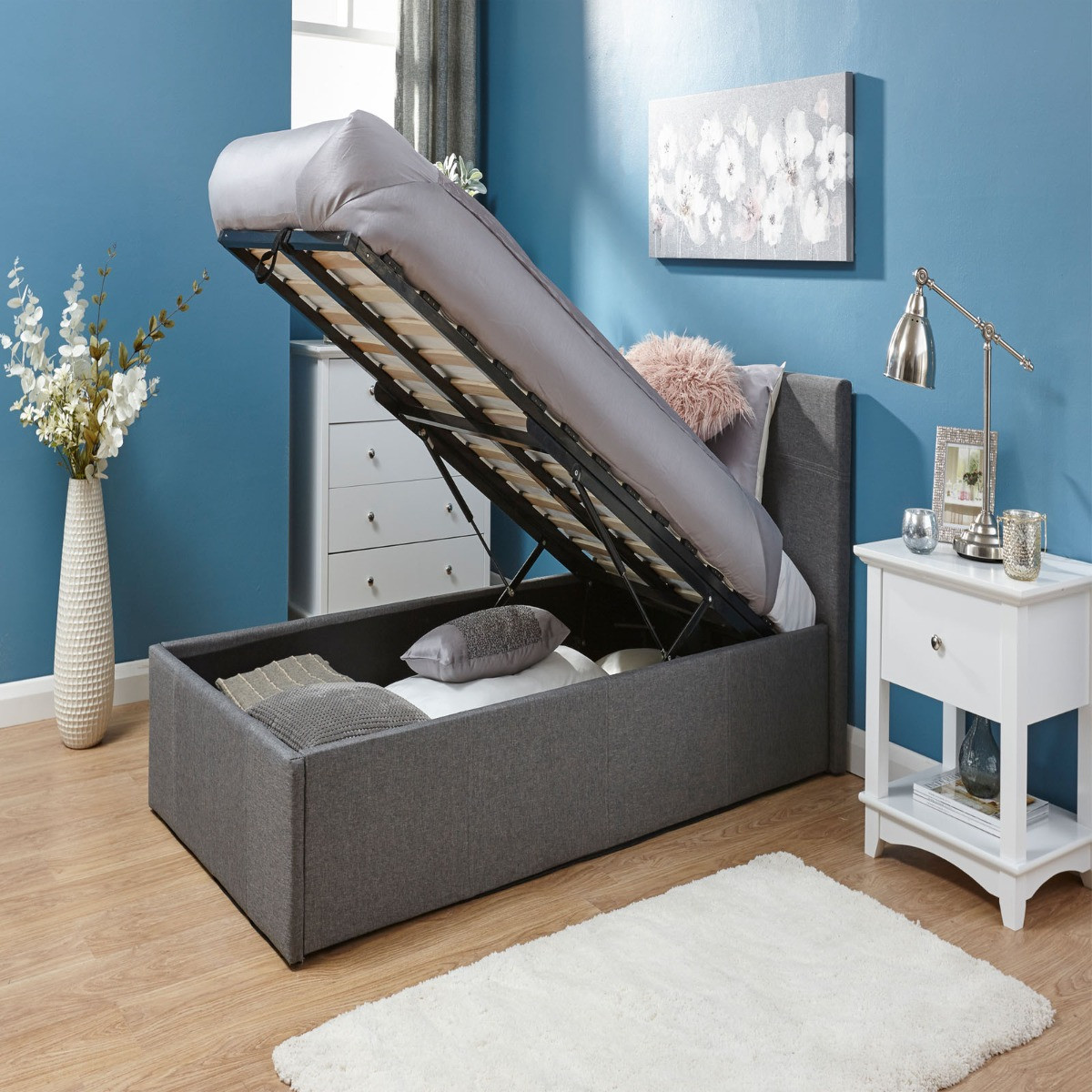 Fabric End Lift Ottoman Storage Bed, 3ft Single - Grey>