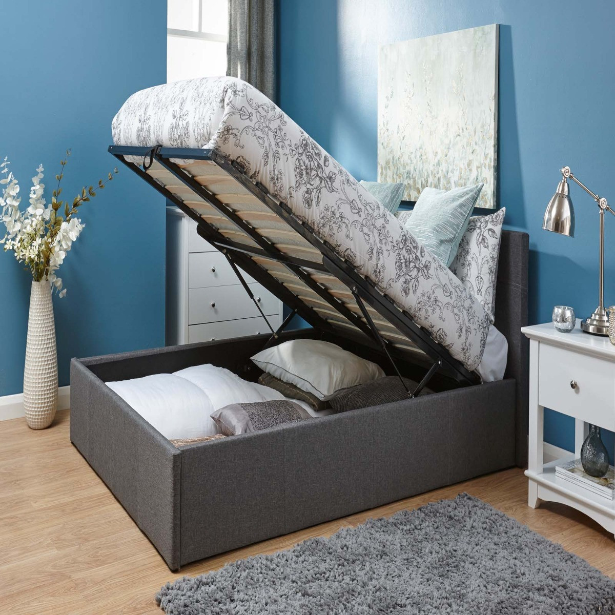 Fabric End Lift Ottoman Storage Bed - Grey>