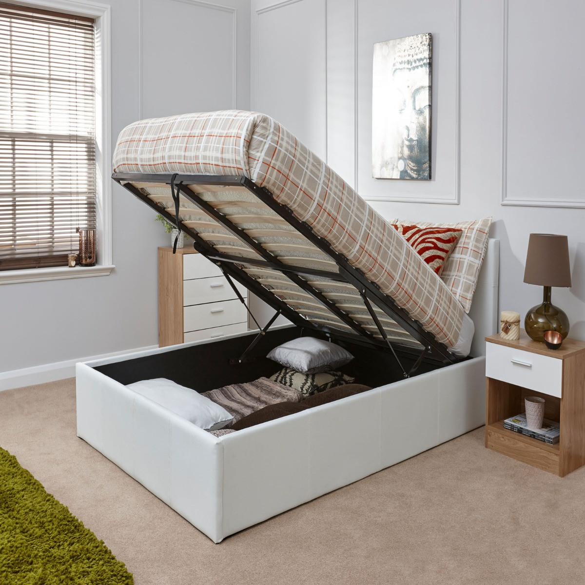 Faux Leather End Lift Ottoman Storage Bed, 4ft 6 Double - White>