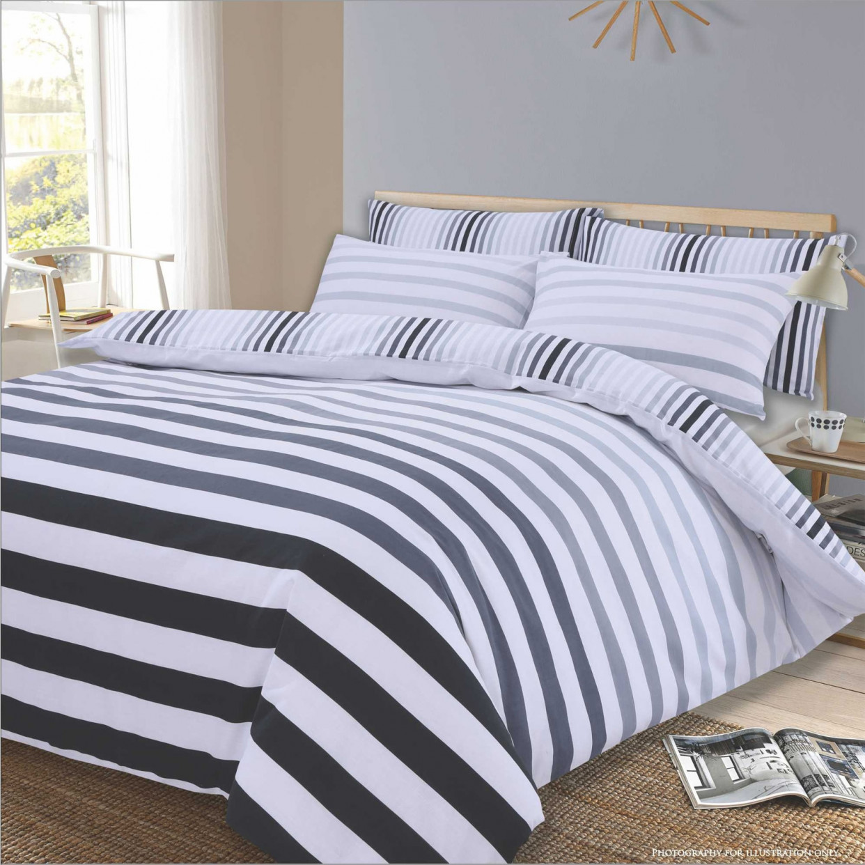 Dreamscene Premium Fade Stripe Duvet Double Set - Grey>