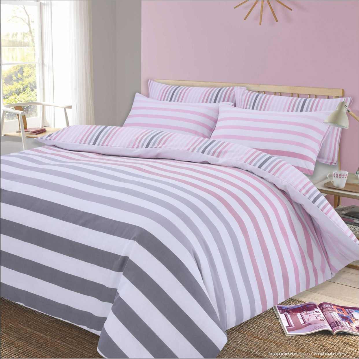 Dreamscene Premium Fade Stripe Duvet Single Set - Pink>