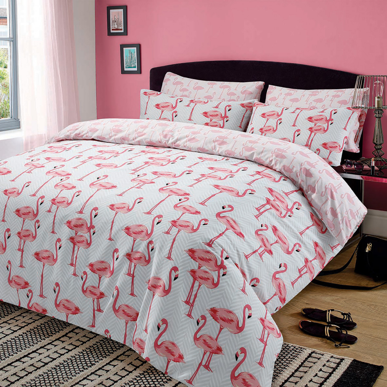 Flamingo Duvet Quilt Cover Bedding Set - King - Pink>