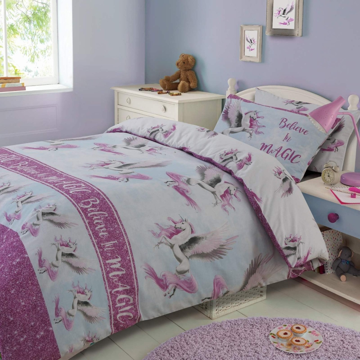 Dreamscene Flying Unicorn Duvet Cover with Pillowcase Reversible Kids Girl Fairy Bedding Set, Pink Blue White - Double>