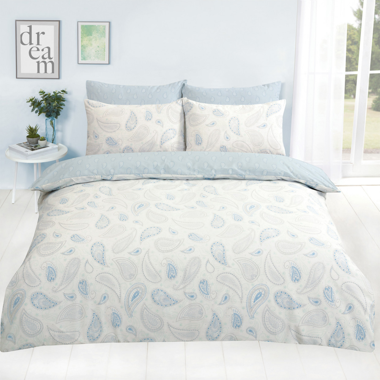 OHS Paisley Floral Duvet Cover Set, Blue - Double>