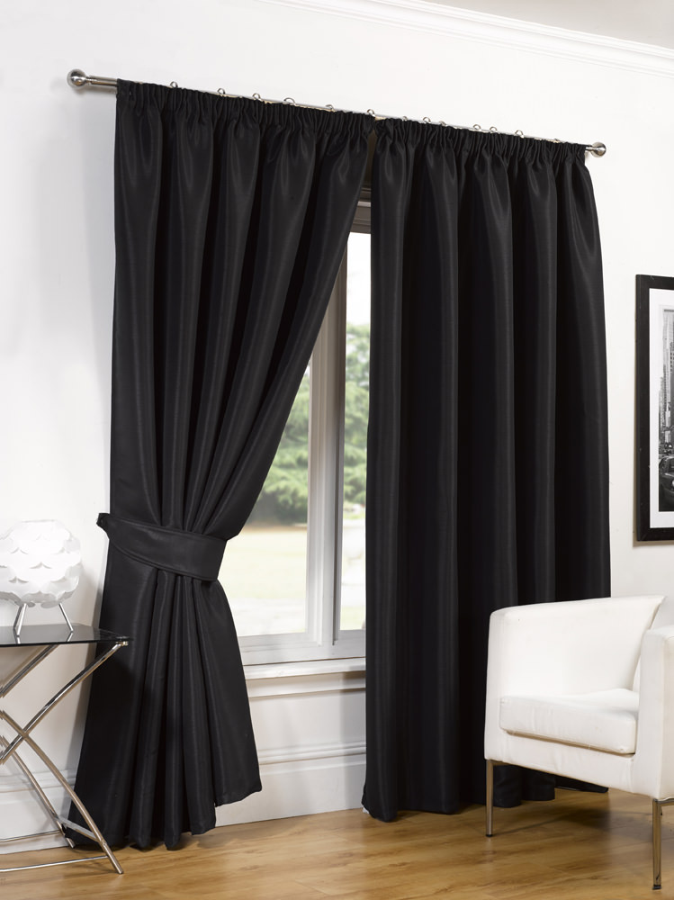 Luxury Faux Silk Blackout Curtains Including Tiebacks - Black 66x72>